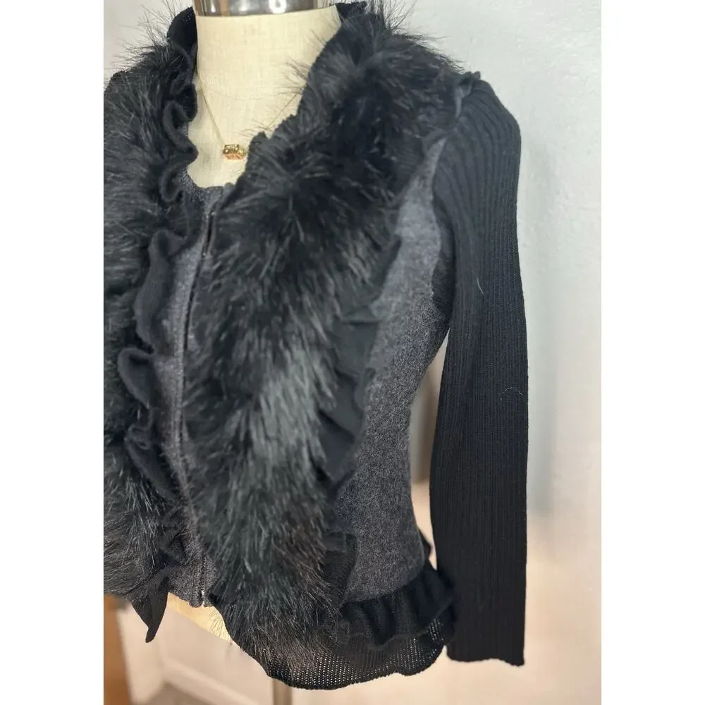 Vtg Y2K Faux Fur Wool Blend Sweater Jacket Petite Medium Lisa International